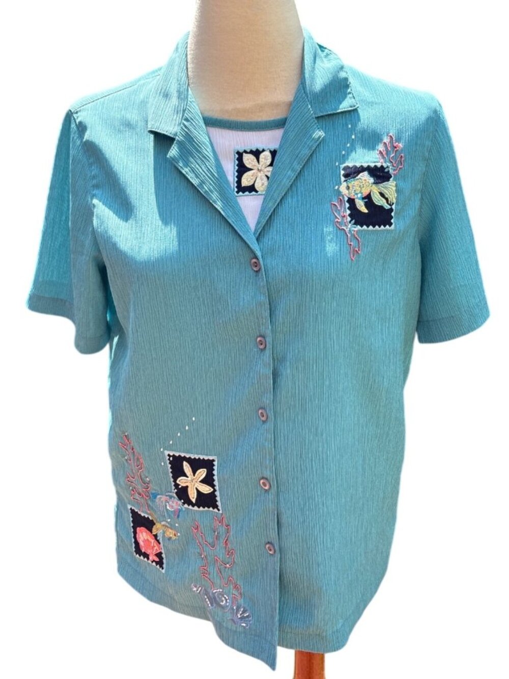 Fish Embroidered Blouse Size 10 Teal Short Sleeve Polyester Layered Womens